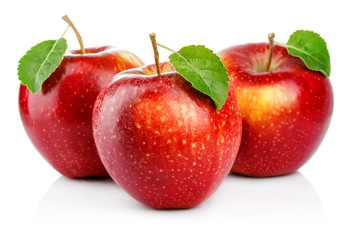 Wall Mural - Three red apples with leaf isolated on a white background