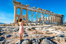 Woman Photographing Parthenon Temple In Acropolis