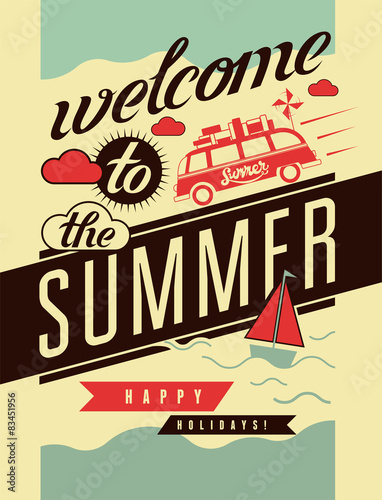 welcome-to-the-summer-plakat-w-stylu-vintage-z-zaglowka-i-czerwonym-busem