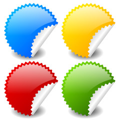 Poster - Starburst shapes as stickers in 4 colors, blue, yellow, red and