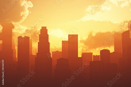 Foto Huge Smoggy Metropolis in the Sunset Sunrise 3D artwork