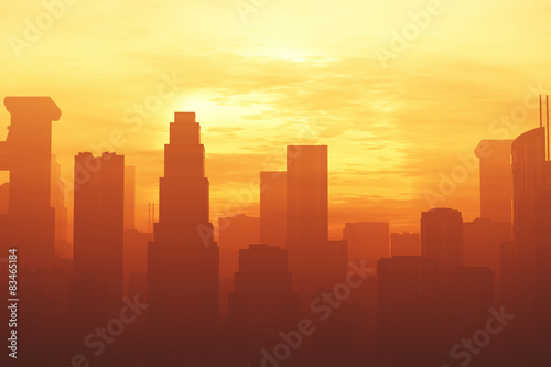 Fotografía Huge Smoggy Metropolis in the Sunset Sunrise 3D artwork