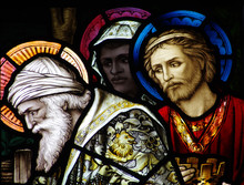 The Three Kings Visiting Baby Jesus In Stained Glass