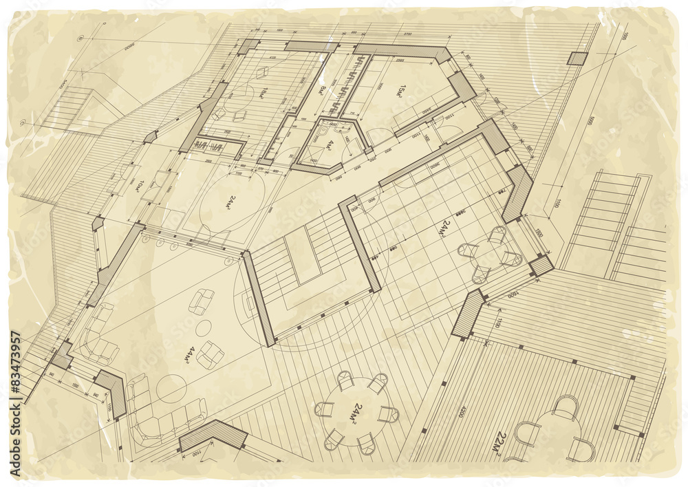 architecture blueprint - house plan & old paper texture Stock Vector ...