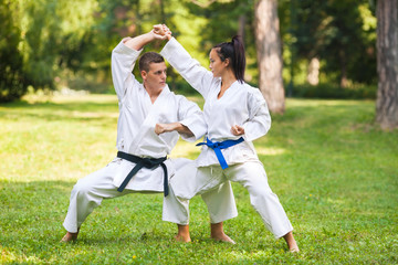 Two martial arts fighters practicing in nature