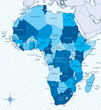 Africa map blue with countries and cities
