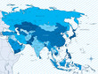 Asia map blue with countries and cities