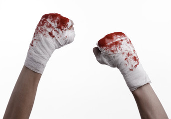 Fototapeta bloody hand in a bandage, bloody bandage, white background