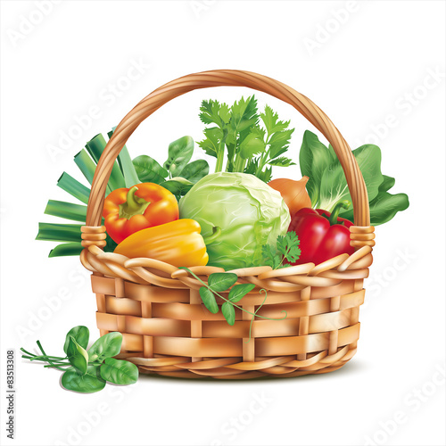 Fotografie, Obraz Basket with vegetables isolated on white. Vector illustration.