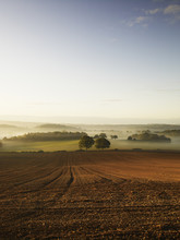 A Ploughed Field And View Over Surrounding Undulating Hills, At Dawn With A Mist Rising From The Land.