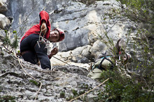 Italy, Speleo, Man Climbing On Rock