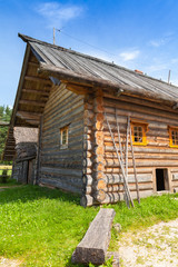 Canvas Print - Old bench stands near rural Russian house