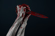 zombie killer holding a large bloody knife isolated  in studio