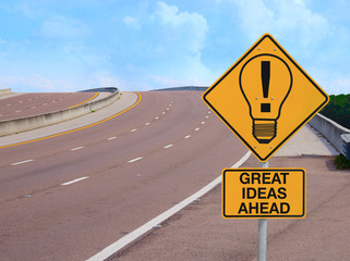 GREAT IDEAS AHEAD Road Sign w Lightbulb