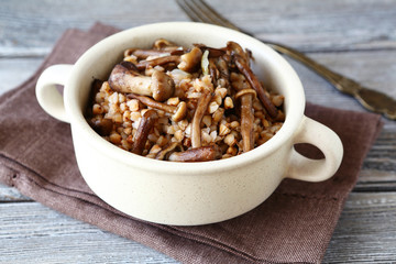 Buckwheat with mushrooms in a bowl