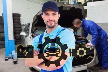 Aufkleber - Smiling handyman in coveralls standing arms crossed 