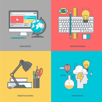 Set of color line icons on the theme of graphic and web design