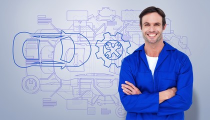 Poster - Happy mechanic with arms crossed over white background