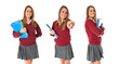 Student pointing to the front over white background