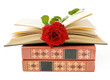 Book pile with rose isolated on white background