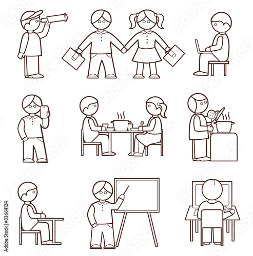 Icons set with people and students (flat conception, vector illu