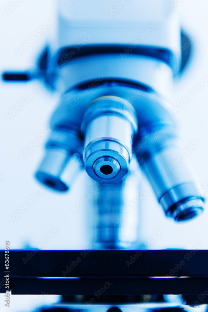 Microscope objective lens in modern laboratory interior Stock Photo ...