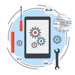 Mobile application development, program coding, SEO process concept