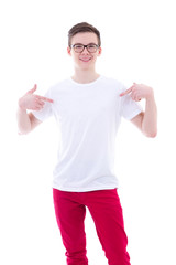 Wall Mural - young man in blank t-shirt pointing at himself isolated on white