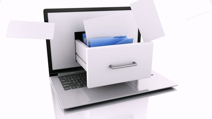 Poster - Data storage. Laptop and files. 3d animation