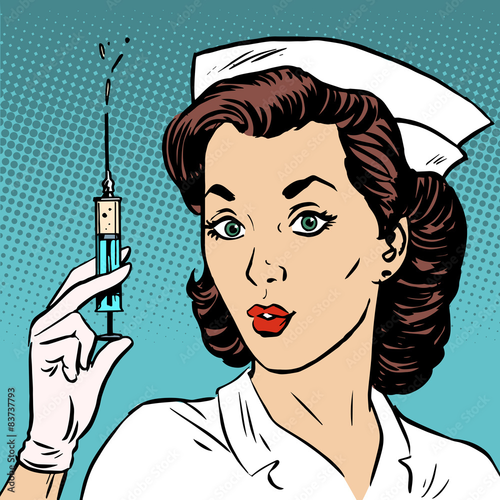 Retro nurse gives an injection syringe medicine health - obrazy, fototapety, plakaty 