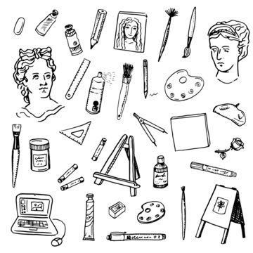 Hand drawn doodle artist tools set