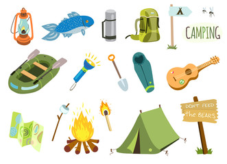 Wall Mural - camping vector set with bonfire, tourist tent, fishing boat, guitar etc.