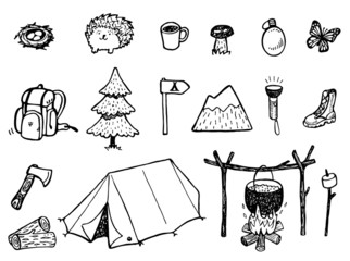 Wall Mural - hand drawn camping funny doodles set