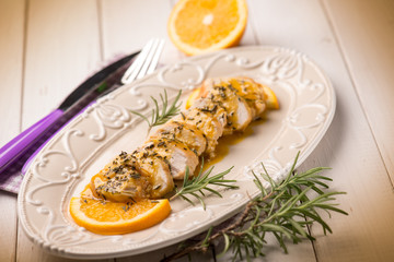 Canvas Print - roasted meat with orange sauce, selective focus