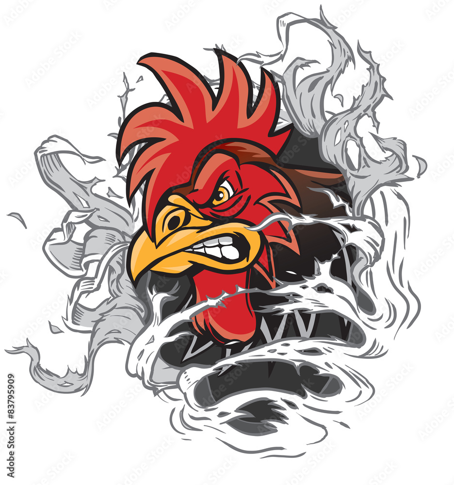 Ragged Sign Scetch Cartoon Rooster Mascot Ripping out of Background Stock Vector | Adobe Stock