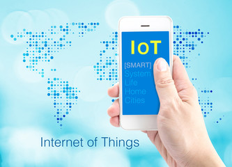 Poster - Hand holding smartphone with Internet of things (IoT) word at do