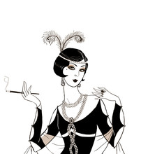 Flapper Girl: Retro Party Invitation Design.Art Deco Women With Cigarette .Retro Birthday Invitation. Great Gatsby Style Party. Jazz Party Invitation Poster Or Card Design. 