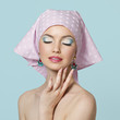 Fashion portrait of beautiful woman with kerchief perfect makeup