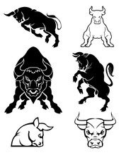 Set Of Black Silhouette On Bull