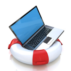 laptop on lifebuoy over white, support, service concept