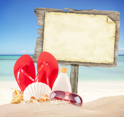 Wall Mural - Summer beach with blank wooden poster