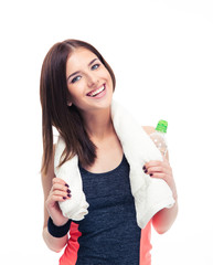 Poster - Smiling fitness woman with towel and bottle of water