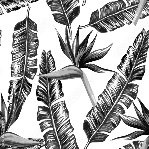 Stoffe zum Nähen Tropical floral black and white seamless background