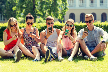 Wall Mural - smiling friends with smartphones sitting on grass