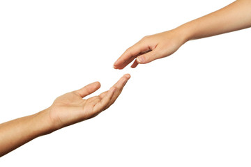 Hands of man and woman on white background