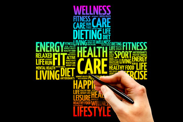 Wall Mural - Health care word cloud, health cross concept