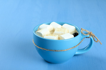 Wall Mural - A cup of hot chocolate with marshmallows on the wooden background