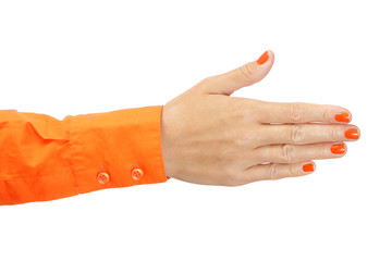 Female hand in orange shirt