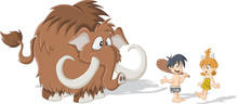 Cartoon Caveman And Cave Woman With A Mammoth. 