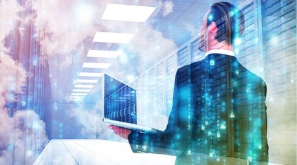 Aufkleber - Composite image of businessman looking up holding laptop